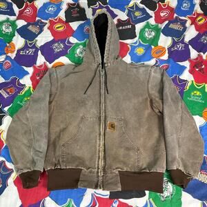 VTG Carhartt J68 CHT Brown Canvas Zip Jacket Hooded Mens L Large Distressed